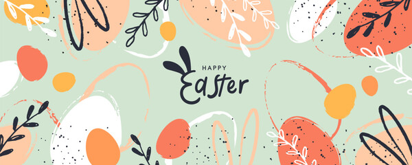 Wall Mural - Happy Easter banner. Trendy Easter design with typography, hand painted strokes and dots, eggs and bunny ears in pastel colors. Modern minimal style. Horizontal poster, greeting card, website header