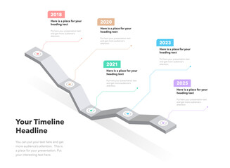 Aufkleber - Isometric timeline infographic template with five steps. SImple chart design for workflow layout, diagram, banner, web design.