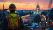 Construction Worker Overlooking Cityscape at Sunset
