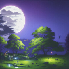 Poster - Night Landscape with Fantasy Animals, Oil Painting