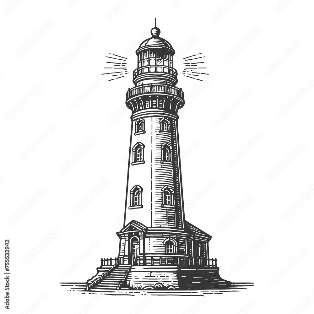 vintage lighthouse with beams of light, depicted in an engraved style ...