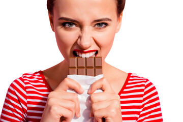 Sticker - Cropped close-up portrait of her she nice cute charming attractive lovely hungry girl in striped t-shirt biting tasting eating desirable favorite new dessert isolated over pink pastel background