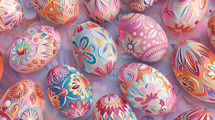 Wall Mural - A kaleidoscope of ornately decorated Easter eggs in pastel hues, showcasing a blend of traditional and modern artistry.