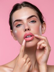 Wall Mural - Close up view of young beautiful caucasian woman face over pink background. Lips contouring, SPA therapy, skincare, cosmetology and plastic surgery concept