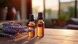 natural aroma oils with lavender. a bottle of lavender essential oil stands on a wooden table. 