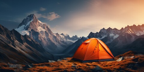 glowing orange tent camping in the mountains in front of majestic mountain range