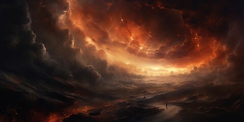 Wall Mural - Rough path to destiny. An exit of a massive turbulence or vortex. A space storm or colossal stormfront. Wide format