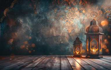 Ramadan lantern with mural background and reflective floor