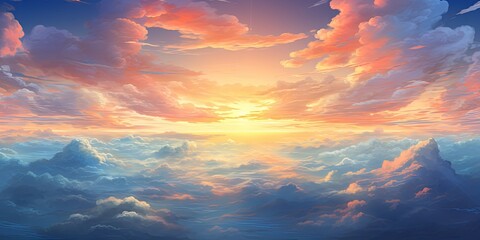 Wall Mural - Heavenly sky. Sunset above the clouds abstract illustration. Extra wide format. Hope, divine, heavens concept.