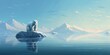 Serene scene of a polar bear standing on a small iceberg with a perfect reflection in calm waters