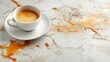 Cup of coffee and spilled drink with stains on white marble table. Generative AI