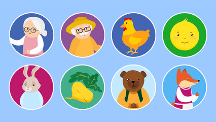 Sticker - Cute cartoon animals and birds on round icons set. Vector illustration