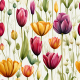 Fototapeta Tulipany - Watercolor wild flowers meadow seamless background