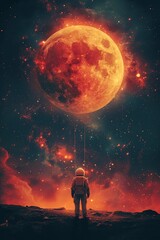 Wall Mural - A lone astronaut floats with a red balloon against the stark backdrop of space