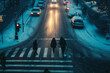 Pedestrians on Snowy Zebra Crossing at Dusk, Winter City Life
