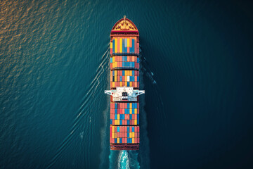 Wall Mural - Container ship plows through vast expanse of open sea. Stacks of colorful containers form striking contrast against deep blue ocean aerial view