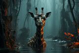 Fototapeta  - giraffe stands in the water, small bird is perched on top of its horns, trees submerged by rising waters