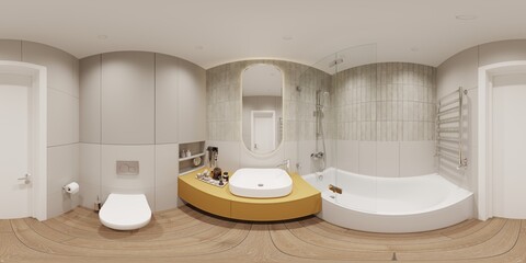 Full spherical seamless hdri 360 panorama in equirectangular projection in interior of bathroom in modern flat apartments, VR content