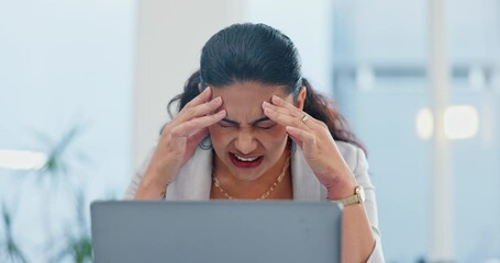 Business woman, stress and headache on computer for editing, reading or planning in office. Writer, editor or young worker on a laptop with migraine, pain and anxiety or burnout for project deadline