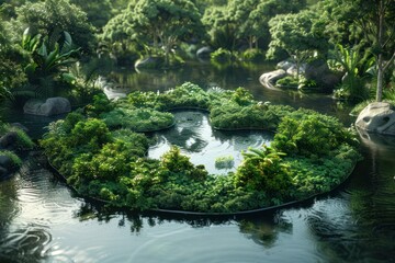 Abstract icon representing the ecological call to recycle and reuse in the form of a pond with a recycling symbol in the middle of a beautiful untouched jungle. 