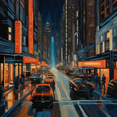 Naklejka na meble New York City at Night in Oil, The painting is full of life and excitement, and it is sure to be a conversation starter.