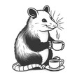 Possum enjoying coffee tea hot beverage next to a potted plant, exuding a cozy atmosphere sketch engraving generative ai raster illustration. Scratch board imitation. Black and white image.
