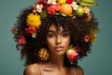 Fototapeta Desenie - portrait of beautiful black woman with afro hair made of tropical fruits and flowers, artistic composition