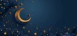 Illuminate Element gold crescent moon on cloud, isolated on starry Navy background. copy space. mockup. for Ramadan greeting card.	
