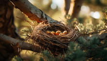 Bird's Nest On A Tree. The Birth Of New Birds.