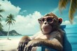 cool monkey with sunglasses relax on tropical beach summer vacation