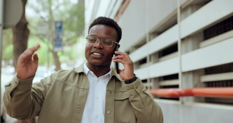 Poster - business man, phone call and talking in street with direction, listening and conversation with ideas