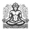 thoughtful meditating monkey in seated position sketch engraving generative ai raster illustration. Scratch board imitation. Black and white image.