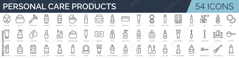 Set of 54 outline icons related to personal care products. Linear icon ...