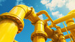 Industrial yellow pipelines and valves on blue.