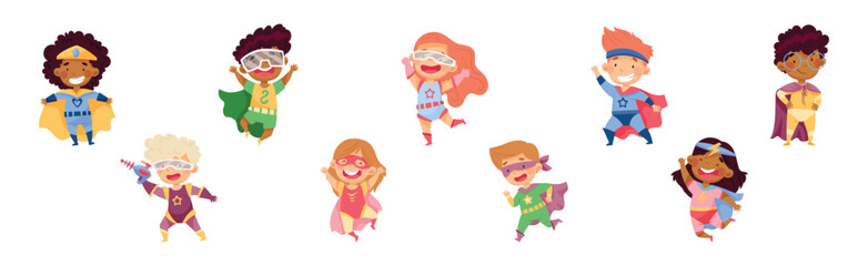 Wall Mural - Cute Kid Superhero in Costume Have Super Power Vector Set