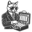 Mafioso mafia cat with a suitcase full of sausages and valerian sketch engraving generative ai raster illustration. Scratch board imitation. Black and white image.
