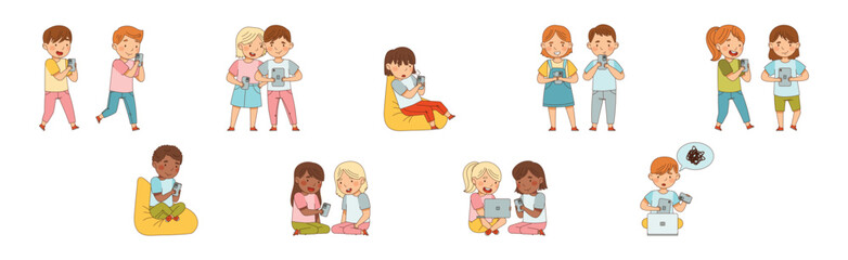 Wall Mural - Kids with Mobile Gadget Use Electronic Devices Vector Set