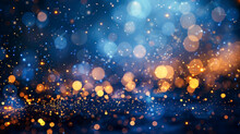 Festive Background. Falling Small Round Pieces Of Gold Foil, Glowing Circles Of Different Sizes On Blue Blurred Bokeh Background. Holiday, Celebration, Christmas, New Year, Valentine’s Day. Copy Space
