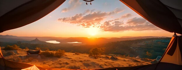 Wall Mural - View of the serene landscape from inside a tent. Camping at campsite with sleeping bags. Stunning sunrise 4K Video