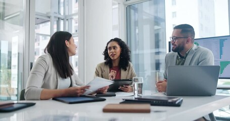 Poster - Business people, paperwork and meeting with tablet for collaboration or planning at the office. Group of employees in team discussion with documents or technology for brainstorming ideas at workplace