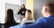 © H_Ko - Woman coach explaining information to students in front of blackboard with graphs. Business seminars and meetings concept