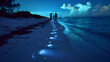 Glowing footprints in the sand as people walk along the shore background