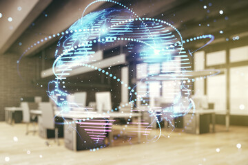 Poster - Double exposure of abstract digital world map hologram with connections on modern corporate office background, research and strategy concept