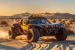 A rugged off-road buggy speeds across a desert landscape at sunset, kicking up sand in its wake.