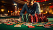 casino chips on the background of the croupier. playing in a casino with chips on the table. gambling in a casino.