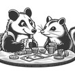 raccoon and opossum playing poker cards sketch engraving generative ai raster illustration. Scratch board imitation. Black and white image.
