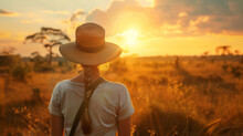 Woman Looking At Sunset Over Savannah During Her Safari Holidays In Africa With Copy Space
