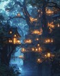 Mystical forest with floating lanterns ancient spirits