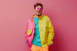 © Keitma - Gen-z handsome caucasian European fashionable male, wearing neon stylish clothes, retro style in the style of vaporwave fashion with copy space