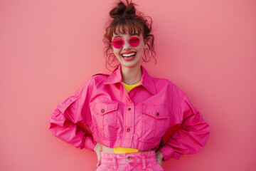 Gen-z beautiful caucasian fashionable female, wearing neon stylish clothes, retro style in the style of vaporwave fashion